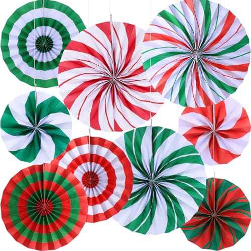 9 Pcs Christmas Candy Hanging Paper Fans Decoration Peppermint Hanging Fans Xmas Candy Cane Party Garland Decor for Merry Christmas Holiday Classroom Ceilings Wall Birthday Party Supplies