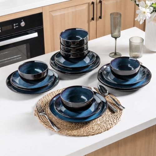 Ceramic Dinnerware Set for 6 - 18Pcs Porcelain Plates & Bowls, Dreamy Moonlight Blue