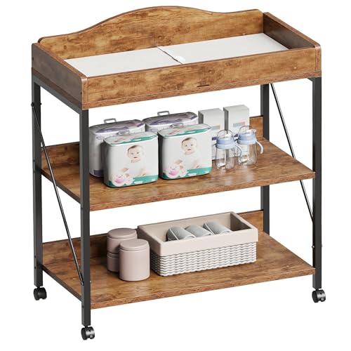 Baby Changing Table with Pad - Rustic Brown 2-Tier Diaper Station, Portable & Safe