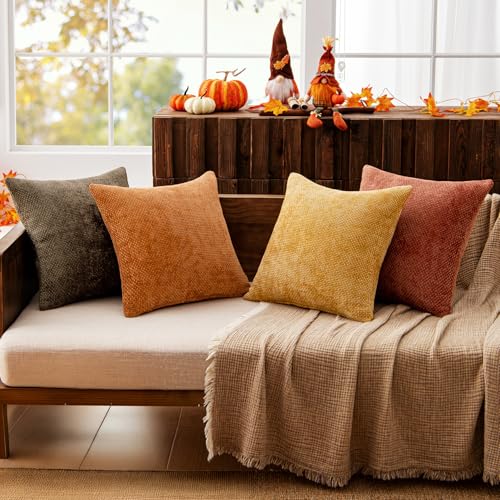 Orange Brown Chenille Fall Pillow Covers 20x20 Set of 4 – Luxurious Soft Decor