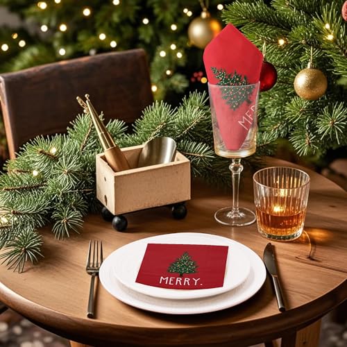 Wrapaholic 50 Pcs 3-Ply Christmas Napkins 6.5x6.5 Red with Tree & Merry