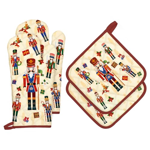 Arquiel Christmas Nutcracker Oven Mitts & Pot Holder Set - 4pcs, Holiday Kitchen Decor