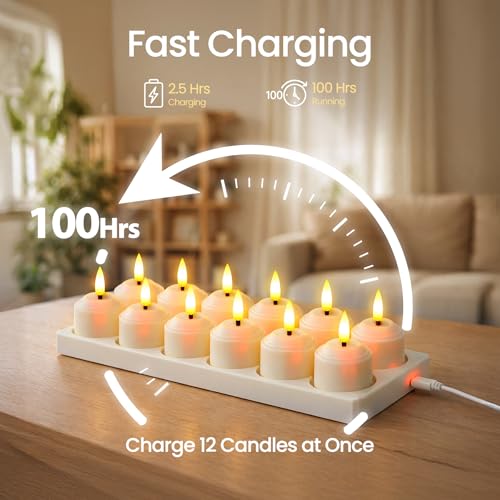 Rechargeable LED Tea Light Candles with Remote & Charging Station - Flameless Ivory Set of 12
