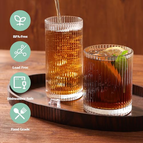 Moretoes Ribbed Glass Cups Set of 12 - 12oz & 13oz Vintage Drinking Glasses