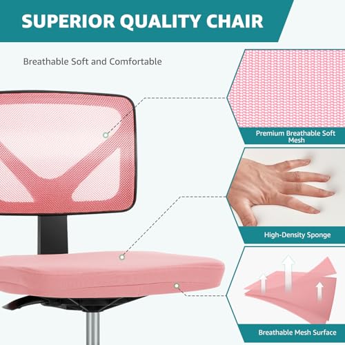 Pink Armless Home Office Chair - Ergonomic Small Desk Chair for Study & Work