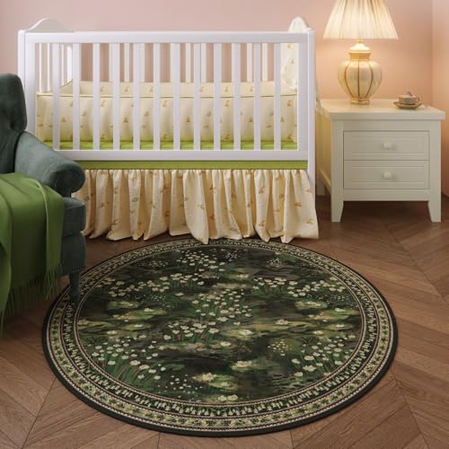 6ft Round Washable Vintage Impressionist-Style Area Rug - Green - Rugcomf