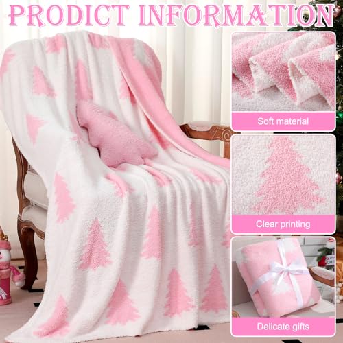 Hillsuren Pink & White Christmas Tree Throw Blanket & Pillow Set, 50 x 60 In, Double-Sided