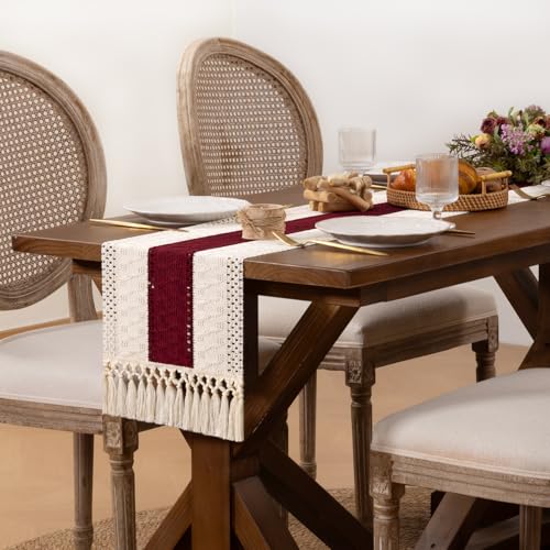 DeZerlor Ivory & Burgundy Boho Farmhouse Macrame Table Runner 12 x 48 Inches