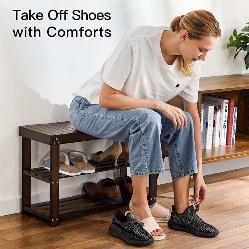 Pipishell 3-Tier Bamboo Shoe Rack Bench Entryway Organizer Brown