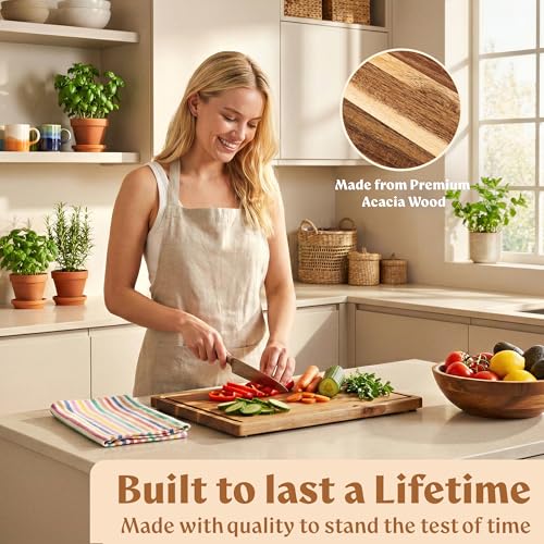 EDELHAUS Acacia Wood Cutting Boards Set of 3 with Juice Groove & Non-Slip Feet — Single-Sided
