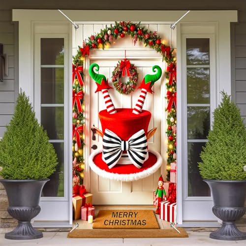 Christmas Elf Door Cover - 35x71 Inch Holiday Wall Banner for Front Door Decor