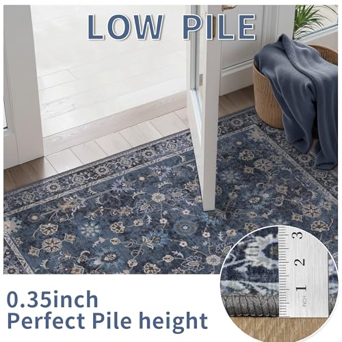 Distressed Blue & Black 5x7 Washable Area Rug for Bedroom & Living Room - Non-Slip