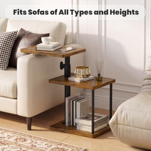 Adjustable Height Swivel End Table - Rustic Brown 3-Tier Side Table