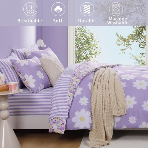 Full Size Purple Daisy Comforter Set for Girls - 7 Pieces Bed in a Bag, Pink & White Floral Bedding, Double-Sided Design, Soft & Cozy, AMBERSPACE