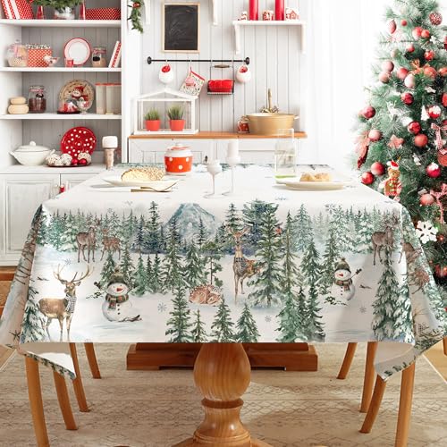 LEWARAN Christmas Tablecloth 52x70 Rectangular Snowmen & Deer Polyester