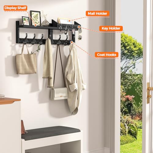 Black 29-Inch Wall Mount Coat Rack with Shelf & 11 Hooks - Entryway Organizer