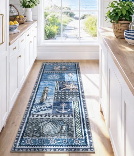 Vintage Nautical Area Rug 2x6 Coastal Runner Washable Non-Slip Low Pile