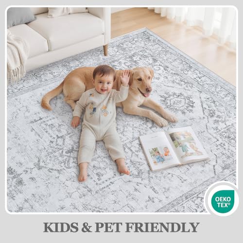 8x10 Gray Washable Area Rug for Living Room Non-Slip Low-Pile Carpet