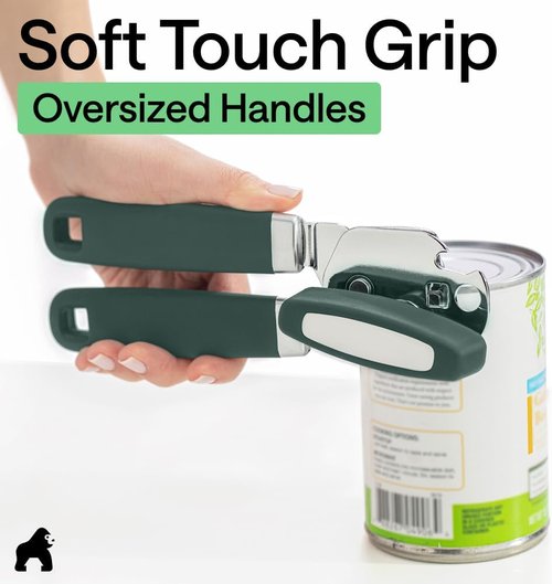 GORILLA GRIP Heavy Duty Manual Can Opener - Stainless Steel, Comfortable Handle, Hunter Green