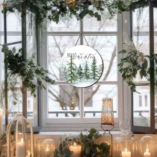 Whaline Christmas Hello Winter Wooden Hanging Sign Christmas Pine Trees Welcome Door Sign Xmas Winter Holiday Farmhouse Rustic Wreath Sign for Indoor Outdoor Home Wall Window Decor