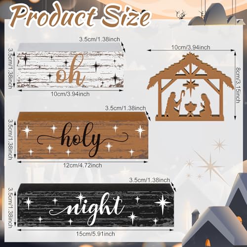 Geelin 4 Pcs Christmas Nativity Wooden Signs - Oh Holy Night, Jesus Theme Decor Set