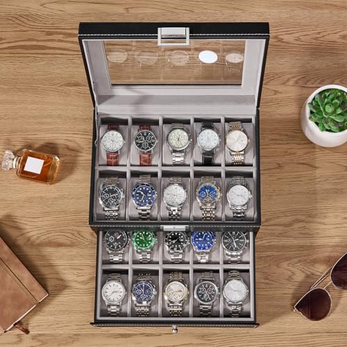 BEWISHOME Black & Gray 20-Slot Watch Organizer with Glass Lid