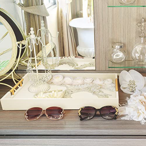Beige Leather Serving Tray with Gold Handles - 17x12 Inches, Variation: Beige, 1.8 Inch Thick