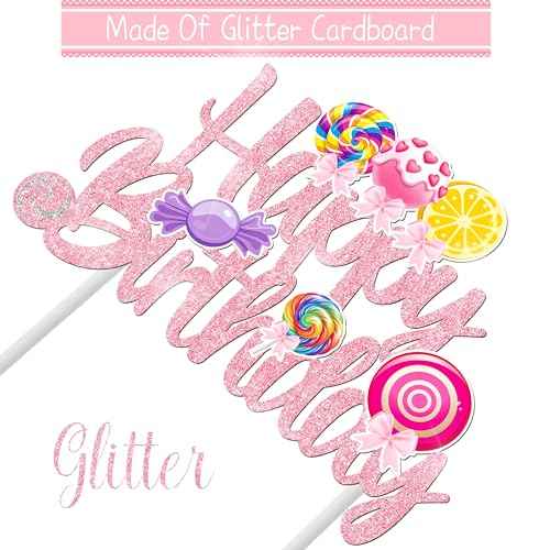 Candy Birthday Cake Topper Lollipop Birthday Party Supplies Pink Glitter Candyland Birthday Cake Decorations for Girl Candy Theme Baby Shower Birthday Party Supplies