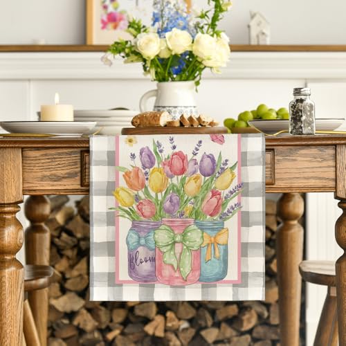 Artoid Mode Buffalo Plaid Floral 13x120 Table Runner – Black/Silver