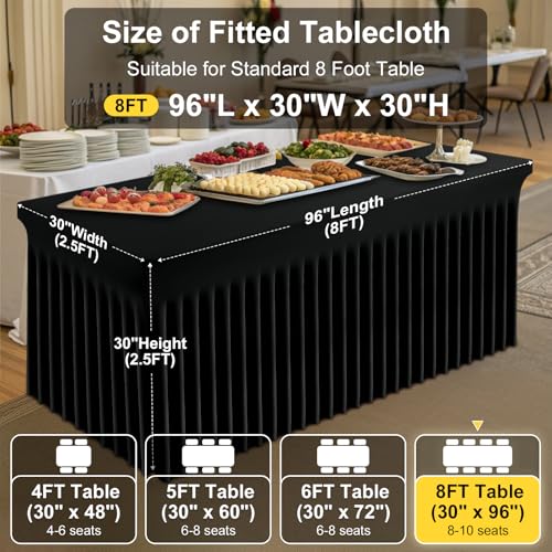 Elastic Fitted Table Cover and Skirt for 8FT Tables - Black, 96x30 Inches