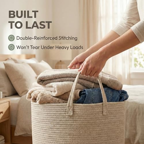 Oatmeal 115L Extra Large Cotton Rope Blanket Basket - Washable & Collapsible