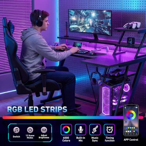 Korfile 40 Inch Gaming Desk with LED RGB Lighting & Power Outlets - Carbon Fiber Black