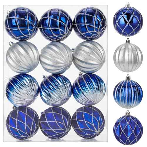 12Pcs Christmas Ball Ornaments Silver Blue Christmas Ornaments 3.14" Christmas Tree Ornaments Big Plastic Christmas Ornaments Balls Gradient Hanging Christmas Balls Xmas Decorations for Holiday Party
