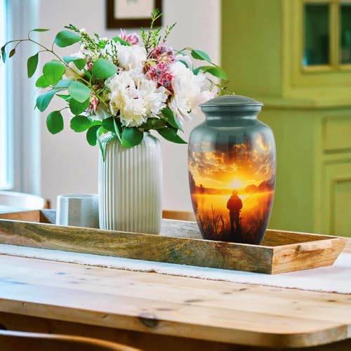 Gray Large Fishing Cremation Urn for Adult Ashes - Handmade Memorial Funeral Urn with Velvet Bag