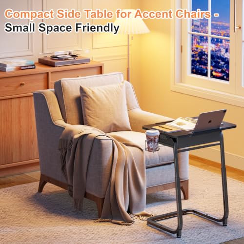 Adjustable Height TV Tray Table with Drawer & Cup Holder - Black
