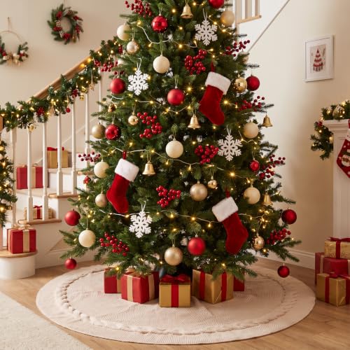 Benjia 60 Inch Red Knitted Christmas Tree Skirt for Large Artificial Trees
