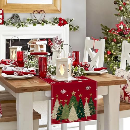 Bloss Christmas Table Runner 13"x72", Xmas Trees Snowflakes Winter Table Decor, Holiday Decorative Table Decorations for Kitchen Dinning Dresser Scarf Home Decor