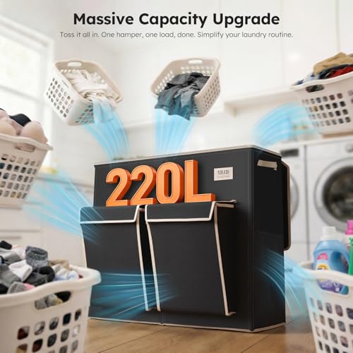SOLEDI Black 220L Laundry Hamper with 3 Compartments & 2 Side Pockets