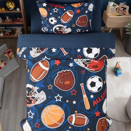 Wink Deer Glow in the Dark Twin Comforter Set for Boys - Sports Ball Pattern, 5 Pieces, Bedtime Glow Environment