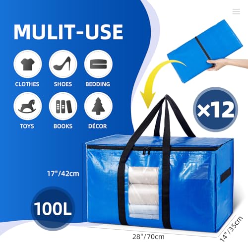 Blue Extra Large Moving Storage Bags with Visible Window - 12 Pack