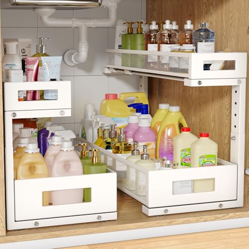 White 2 Pack Under Sink Storage Organizer - 20.47 Inch Depth, 2-Tier Pull-Out Shelves, Adjustable Height