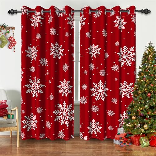 Red Xmas Blackout Curtains 42x84 in 2 Panels - Christmas Snowflake Thermal Insulated Drapes