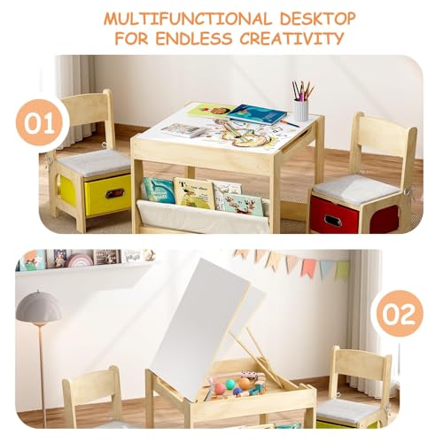 Kids Wooden Activity Table and 2 Chairs Set - Adjustable Doodle Surface, Storage, Safety Hinges, Burlywood, Red/Yellow