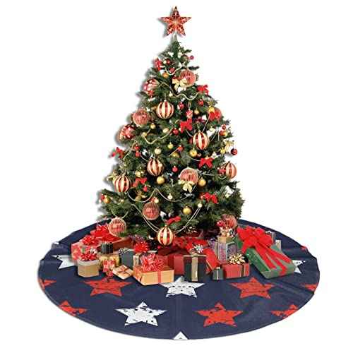 Christmas Tree Skirt, American Flag Day Memorial Day Patriotic Freedom Stars Xmas Large Tree Mat, New Year Festive Holiday Party Decorations 30" inches
