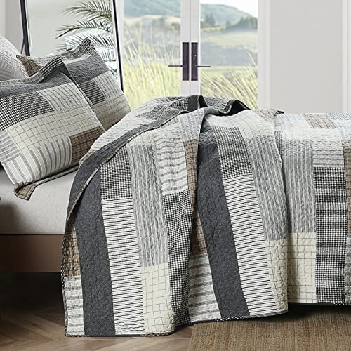 Queen Size 100% Cotton Patchwork Quilt Set - Reversible Bedspread, Grey/Tan/Black, 3 Pieces by DUOHONG