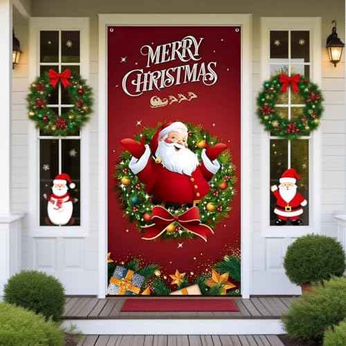Merry Christmas Door Decorations, Outdoor Indoor Festive Decorated Door Covers, Door Holiday Party Decoration Santa Backdrop for Home Xmas Decor