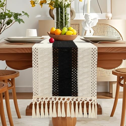 OTOSTAR Boho Table Runner 12x60 Black with Tassels Macrame Farmhouse Rustic