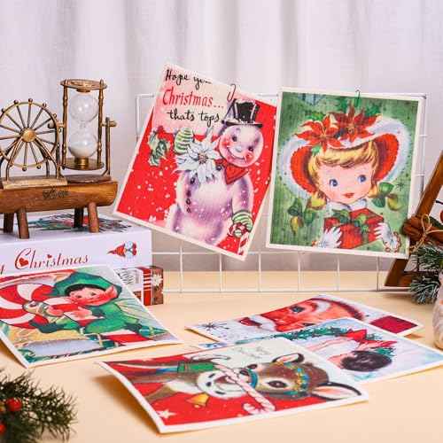 Whaline 6Pcs Christmas Swedish Dishcloths Retro Santa Snowman Cotton Kitchen Towel Reusable Absorbent Dish Towel for Home Party Housewarming Cleaning, 7.7 x 6.9 Inch