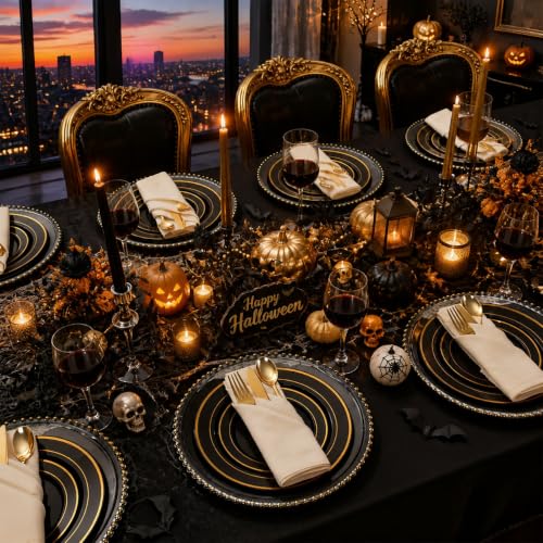 Black & Gold 200PCS Heavy Duty Plastic Plates - Disposable for Wedding, Party, Halloween (Black & Gold, 100 Dinner + 100 Dessert Plates) - WDF