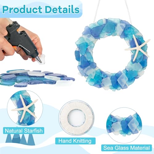 Blue Sea Glass Wreath - Handmade Coastal Beach Decor, 8.5 Inch